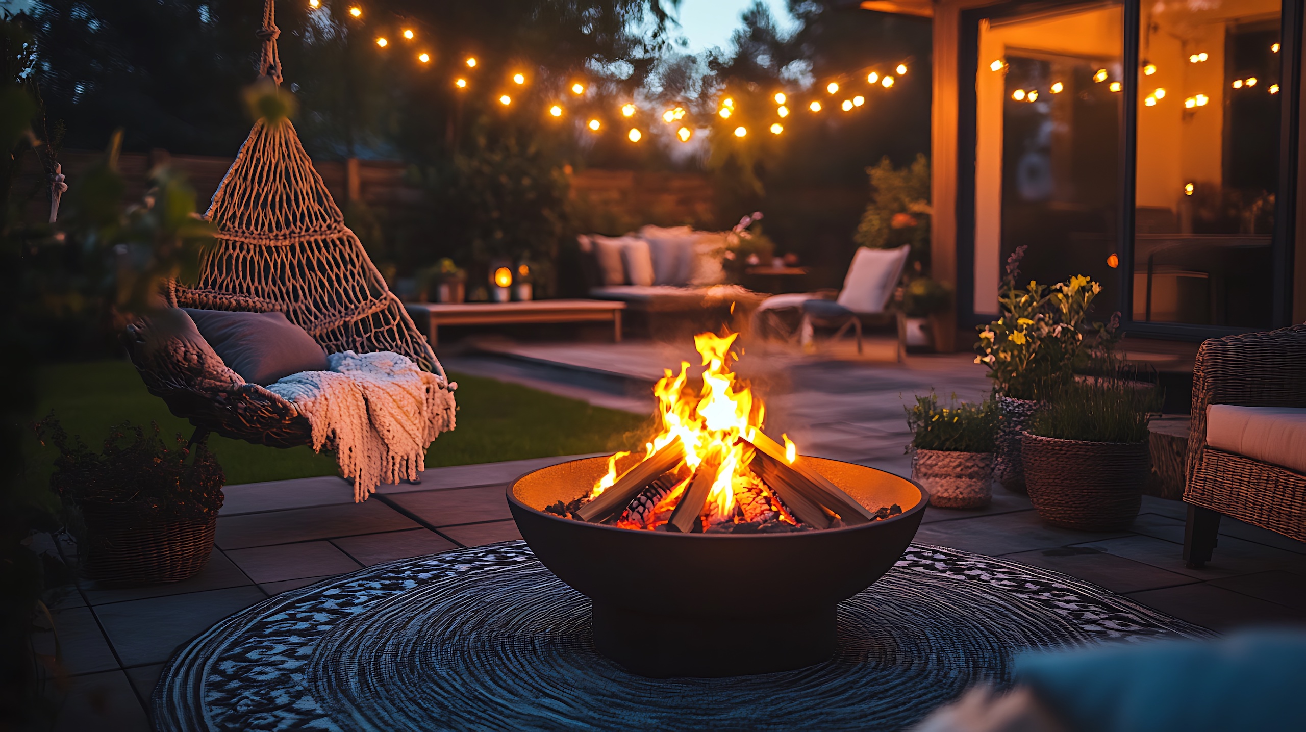 backyard fire pit and hanging lights