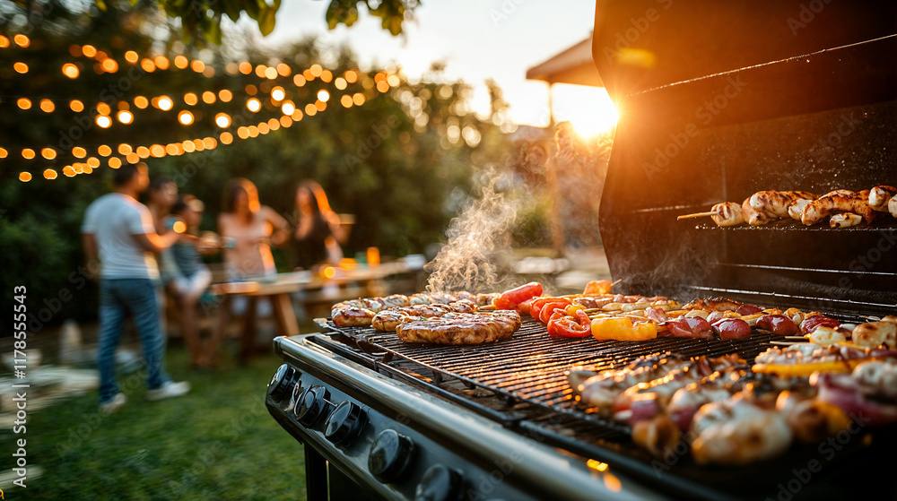 family barbecue with hanging lights and pillar pro